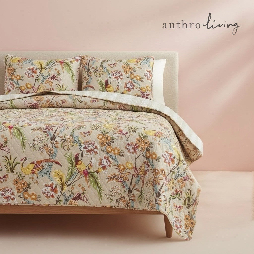 NEW Anthropologie Queen / King Cotton Boho Bird Quilt Bedspread Bedding Sham Set