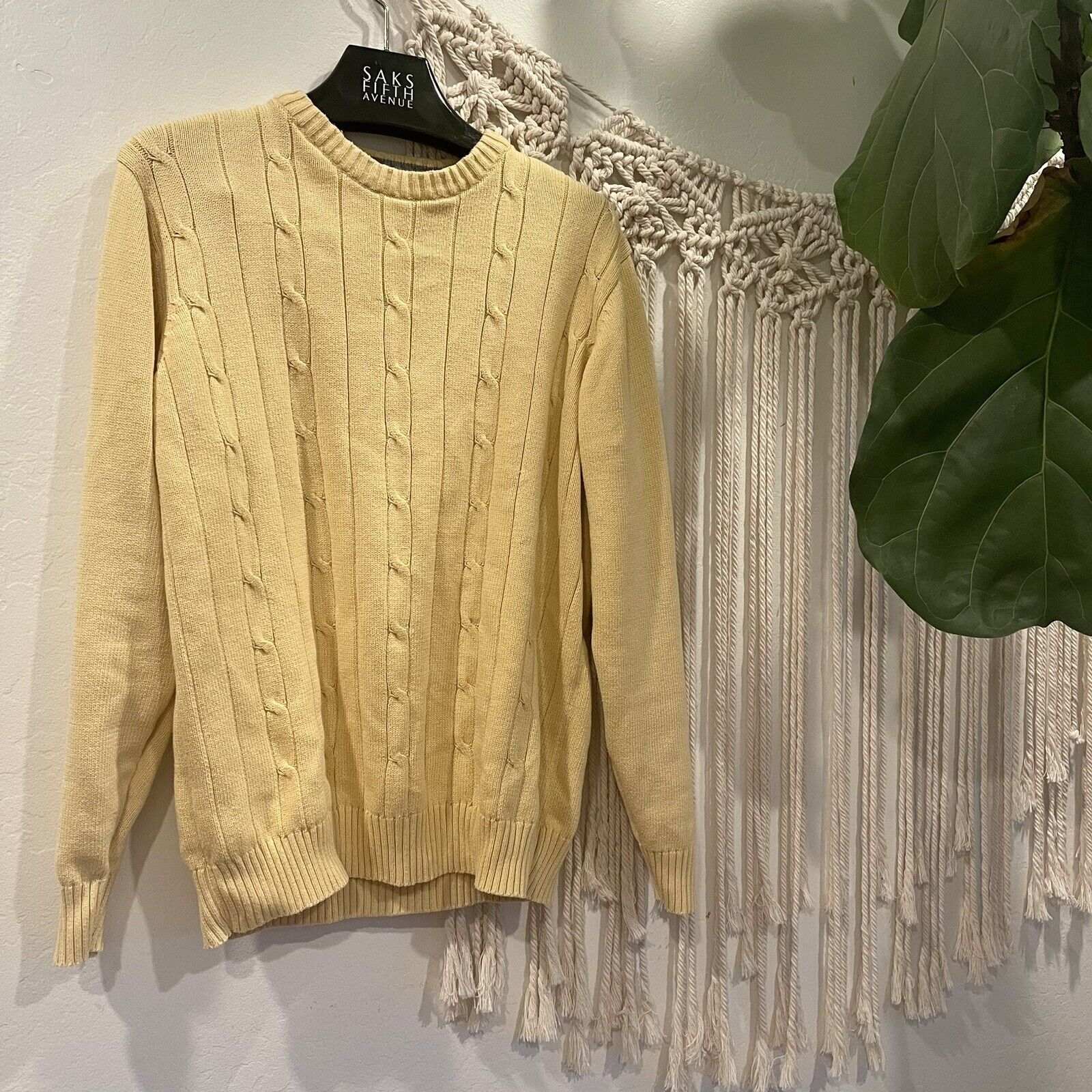 Oscar De La Renta Yellow Cotton Cable Knit Sweater Shirt | Size Large