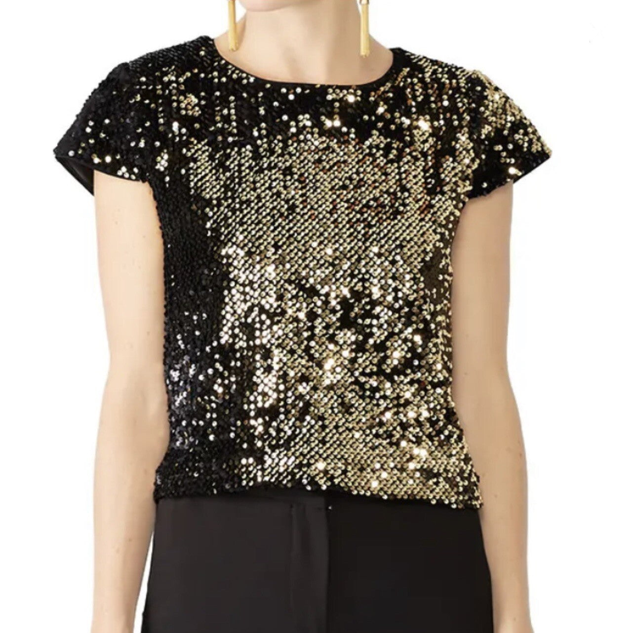 Milly Designer Black & Gold Sequin Glitter Sparkle Crop Tee Shirt Top - Large