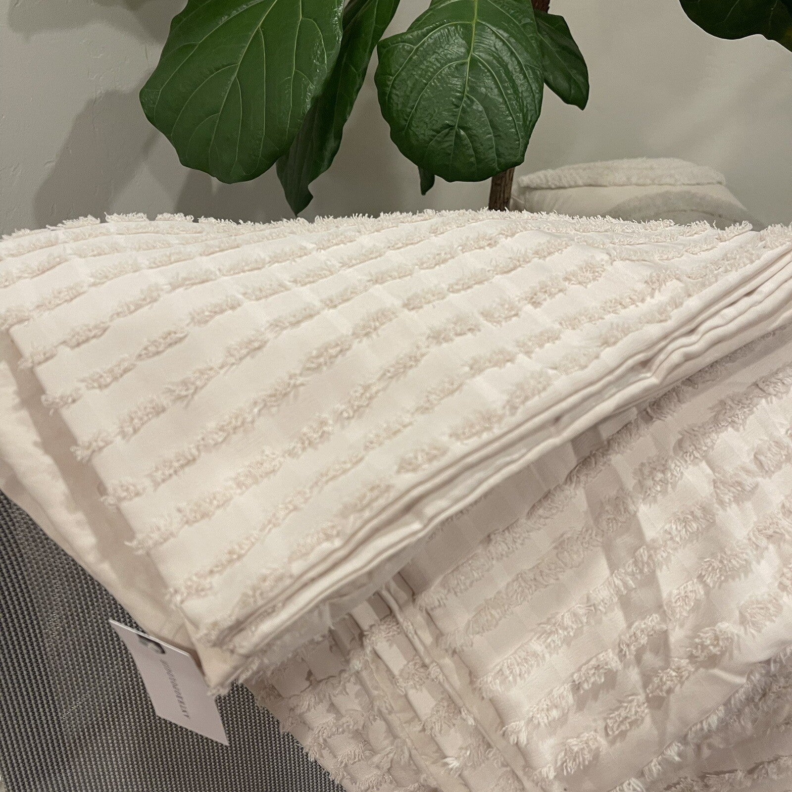 NEW West Elm Beige Boho Queen Size Tufted Fringe Bedding Duvet & Sham Set