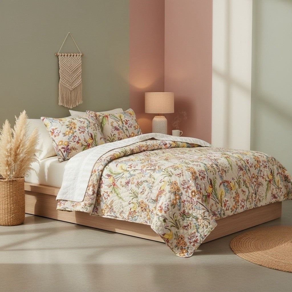 NEW Anthropologie Queen / King Cotton Boho Bird Quilt Bedspread Bedding Sham Set