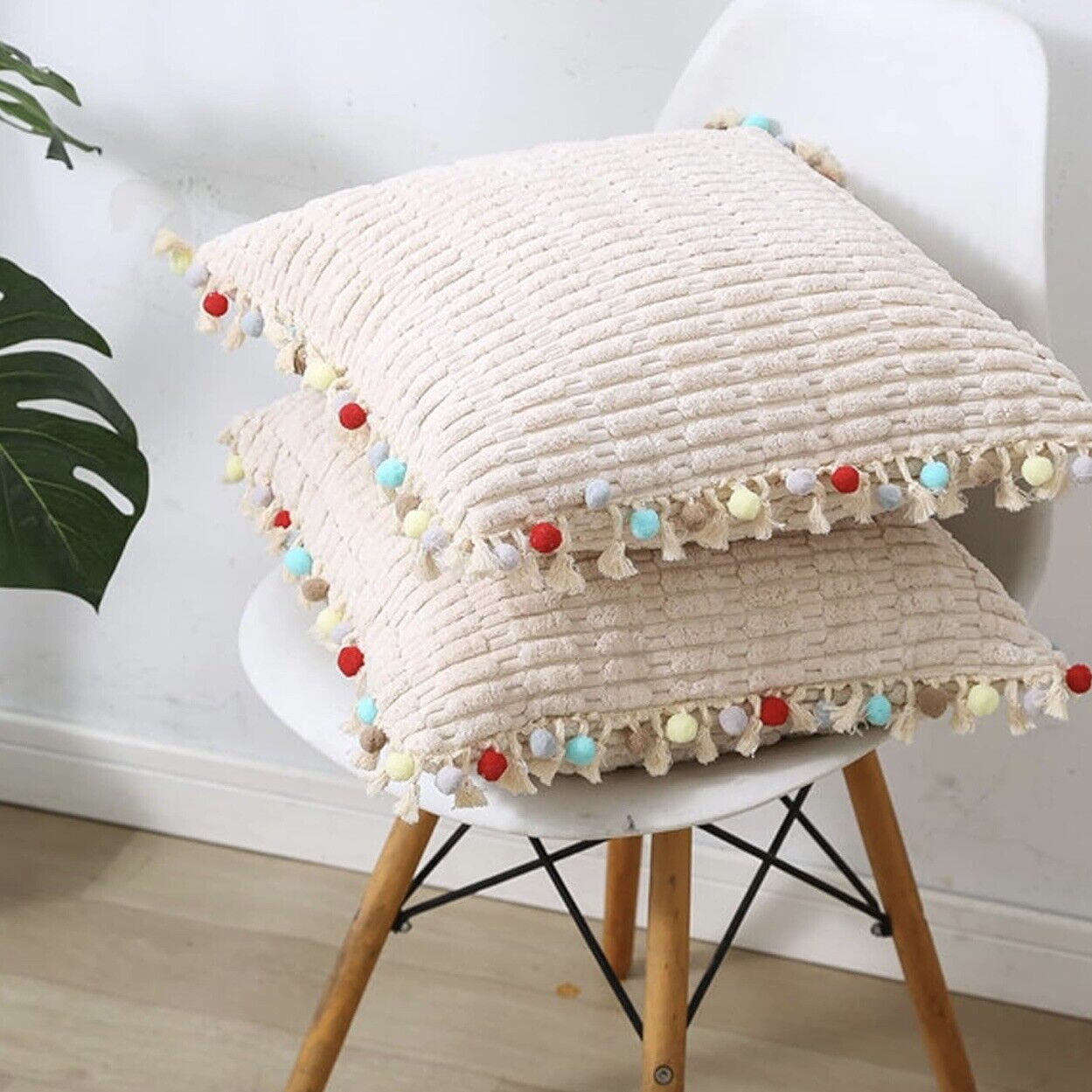 NEW Anthropologie (Set 2) Boho Tassel Pom Pom Throw Pillow Case Sham 24" x 24"