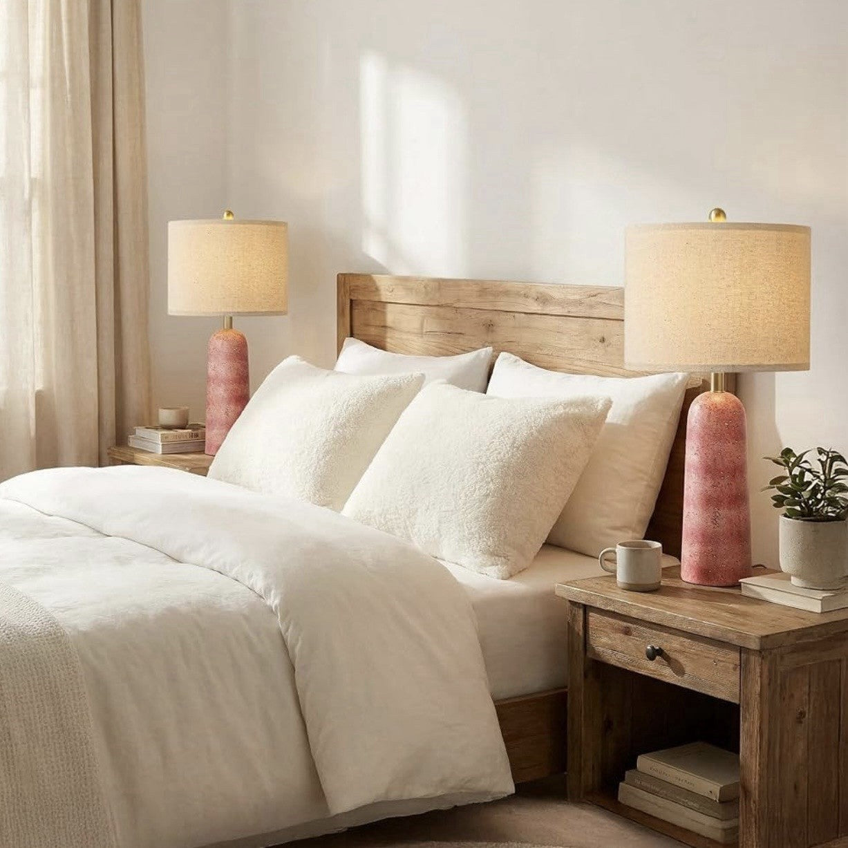 NEW Anthropologie Set of 2 Pink Resin Stone Boho Table Lamps Linen Lighting 27"