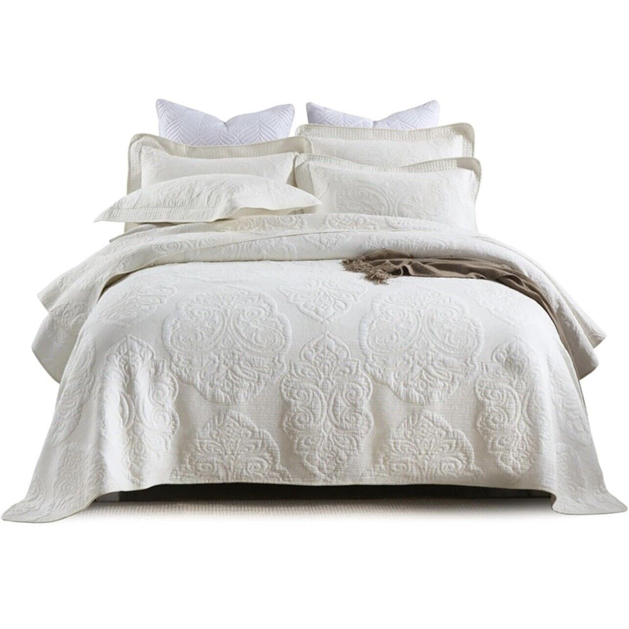 NEW Anthropologie White Queen Boho Damask Quilt Bedspread Blanket & Sham Set