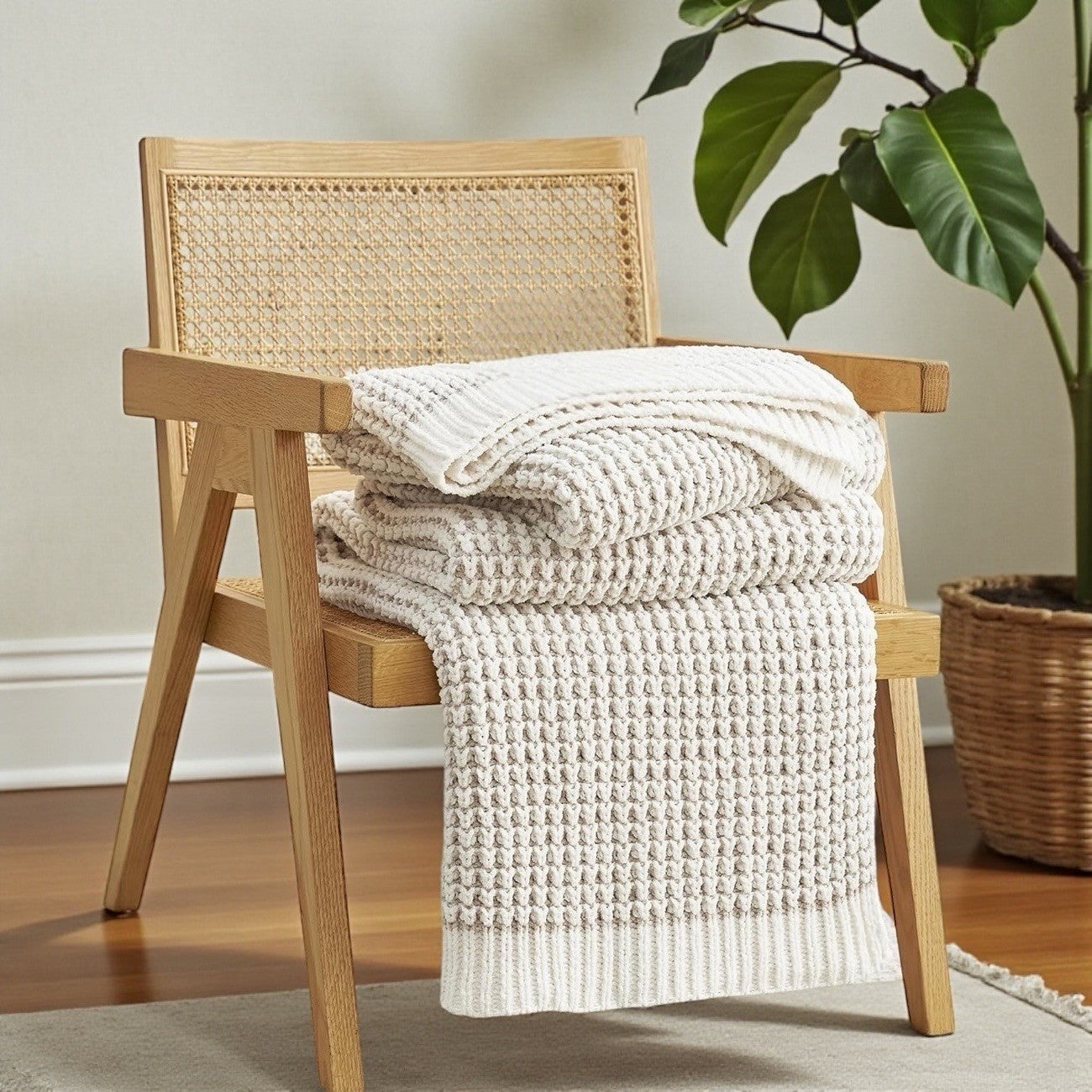 NEW West Elm Beige Woven Waffle Knit Cotton Boho Cozy Throw Blanket - 60" x 80"