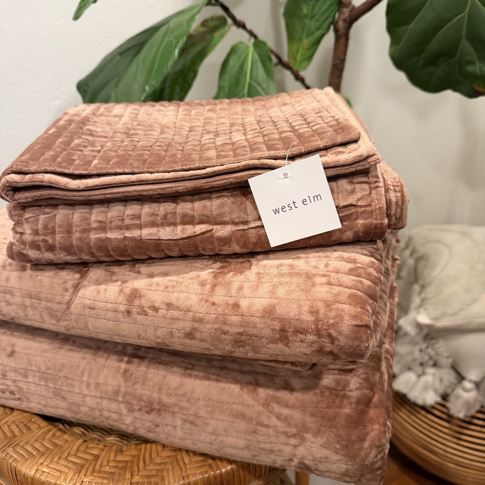 NEW West Elm Velvet Terracotta Clay Queen / King Bedding Comforter & Sham Set