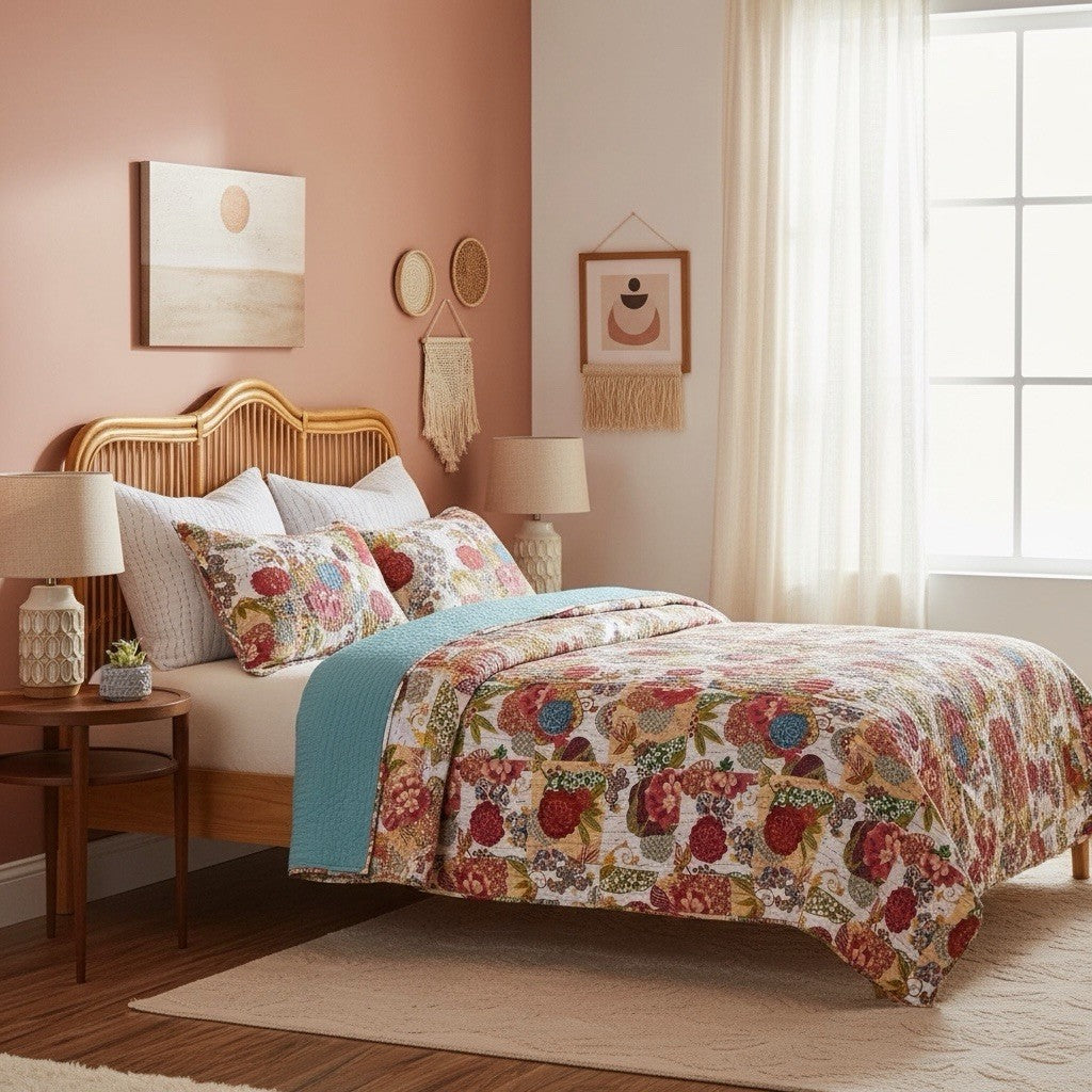 NEW Anthropologie Red White Floral Boho King Quilt Bedspread Bedding & Sham Set
