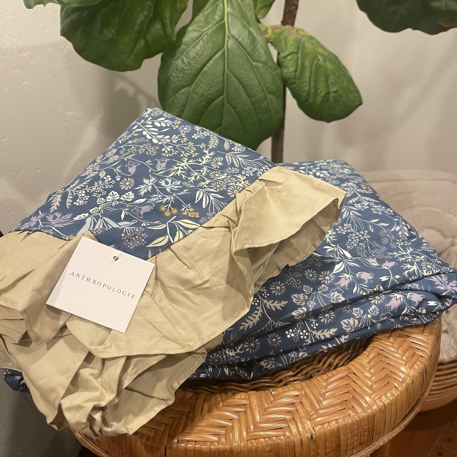 NEW Anthro Blue Yellow Floral Boho Ruffle Queen King Size Bedding Duvet Sham Set