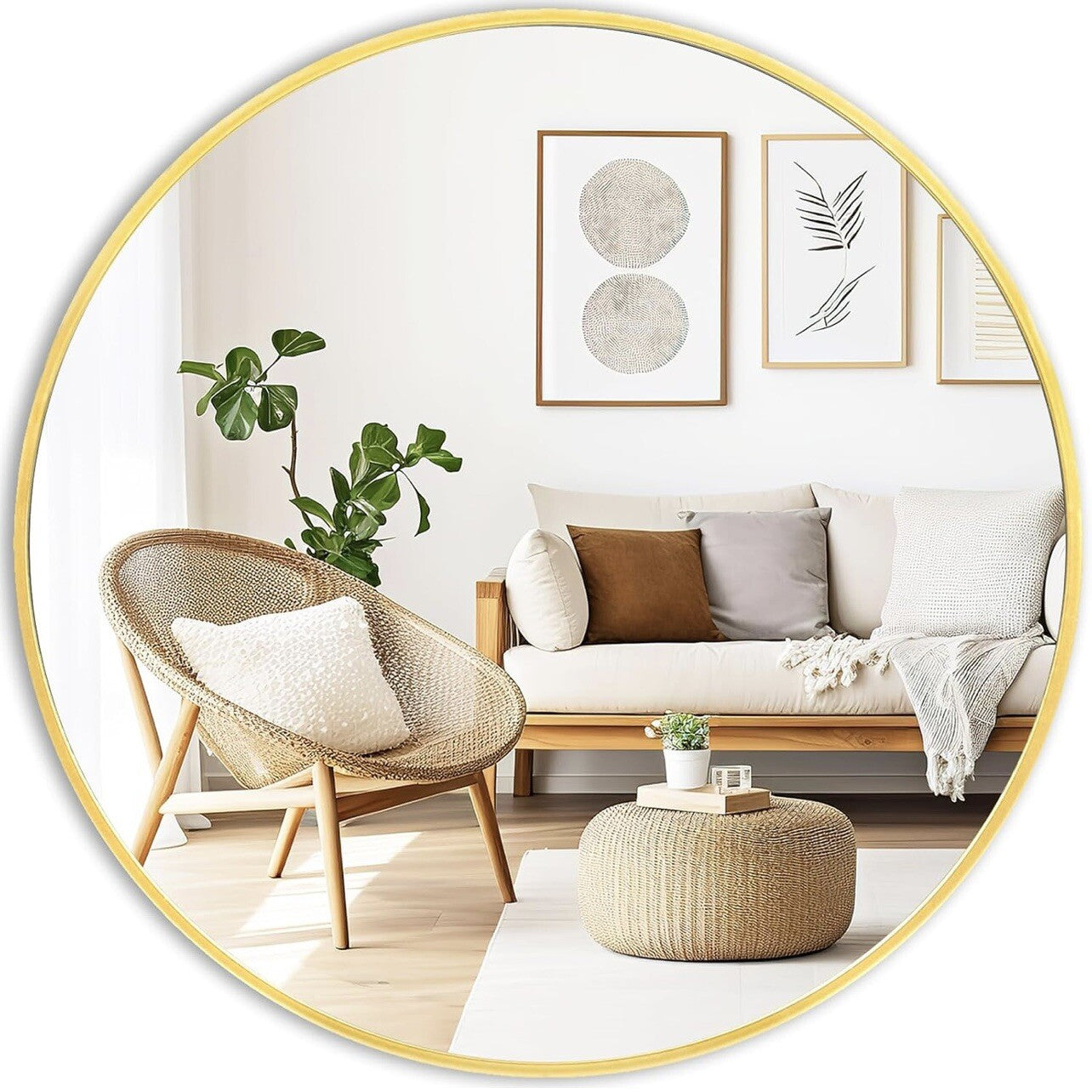 NEW West Elm Gold Circle Round Metal Framed Boho Wall Entry Mirror - 30" x 30"