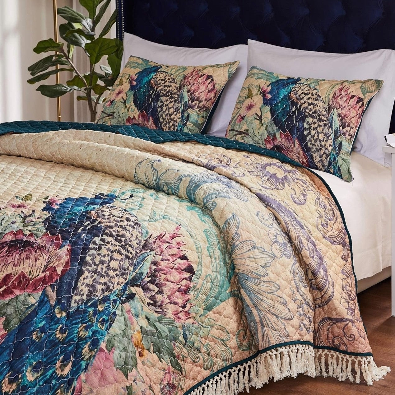 NEW Anthropologie Peacock Tassel Fringe Boho Quilt Bedspread Bedding & Sham Set