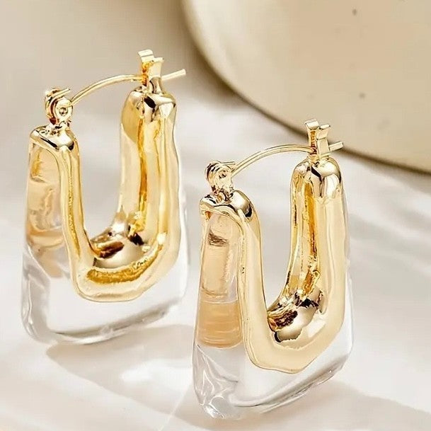 NEW Anthropologie Clear Resin & Gold Plated Chunky Hoop Dangle Earrings Jewelry