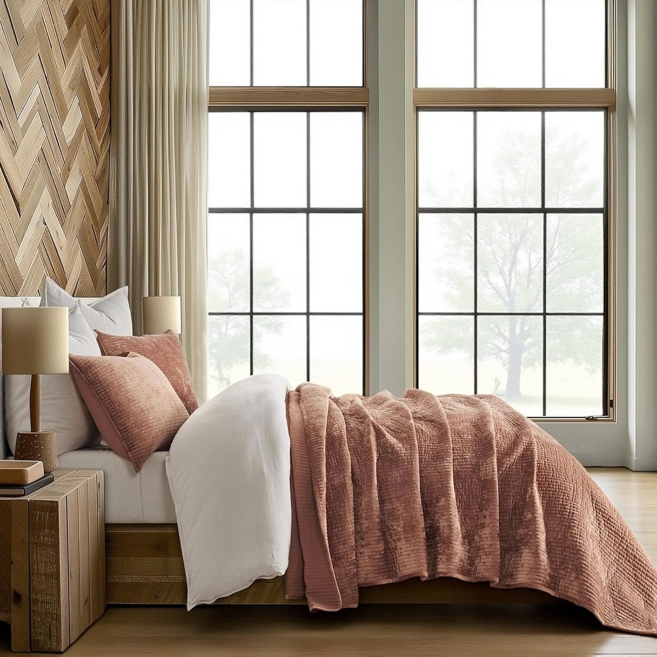 NEW West Elm Velvet Terracotta Clay Queen / King Bedding Comforter & Sham Set
