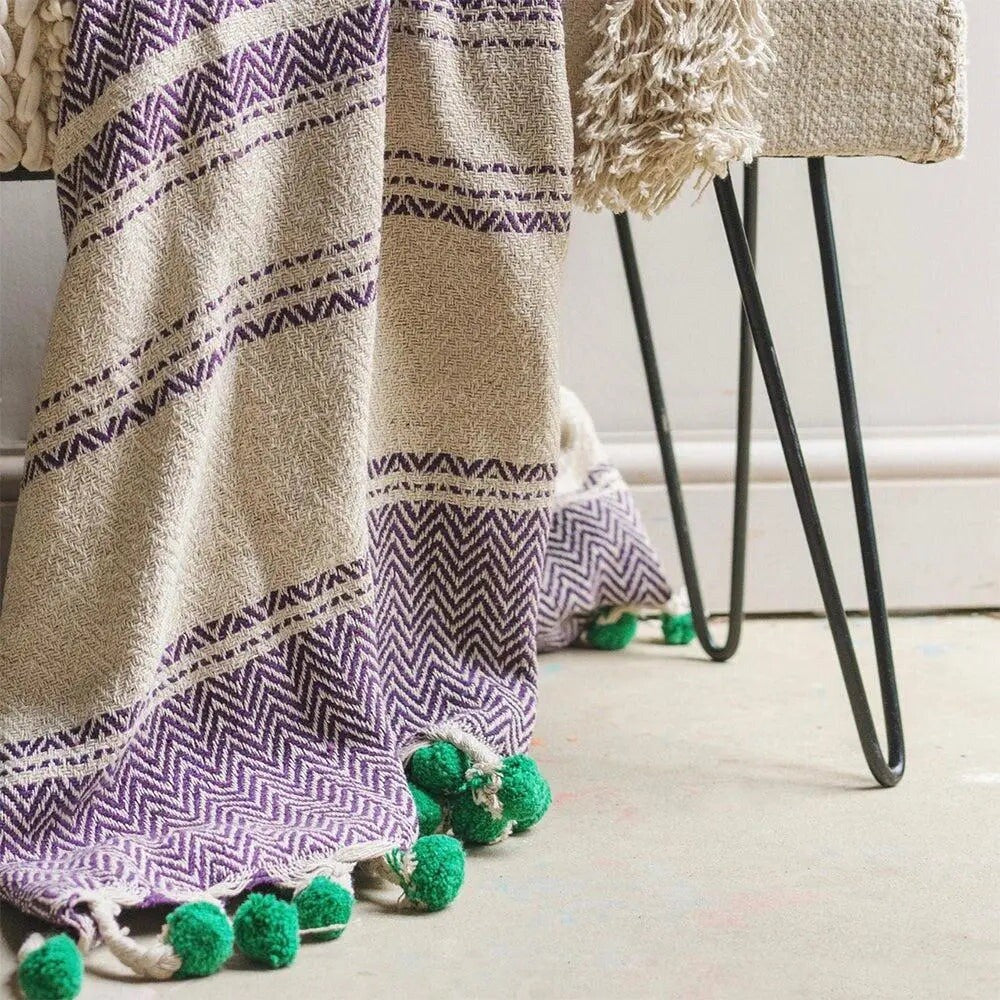 NEW Anthropologie Blue Green Pom Pom Boho Tassel Knit Throw Blanket - 50" x 60"