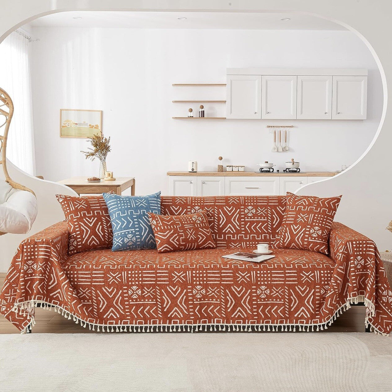 NEW Anthropologie XL Reversible Orange Abstract Tassel Couch Blanket 70" x 135"