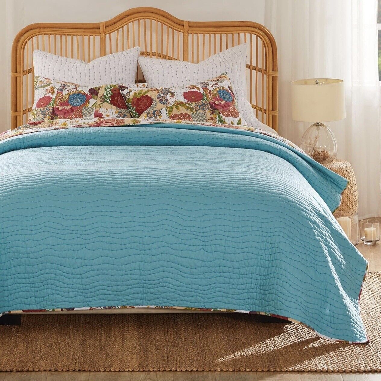 NEW Anthropologie Multicolor Floral Boho Queen Quilt Bedspread Bedding Sham Set