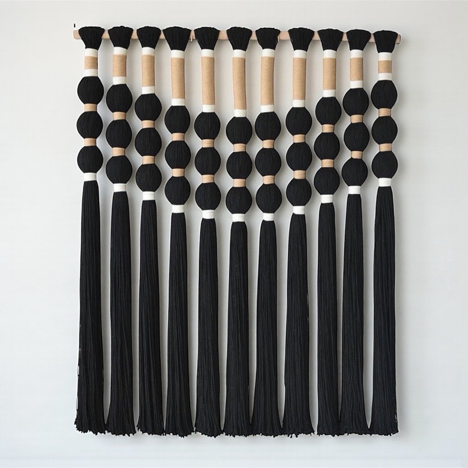 NEW Anthropologie XL Boho Black Ball Tassel Tapestry Woven Wall Hanging - 33"