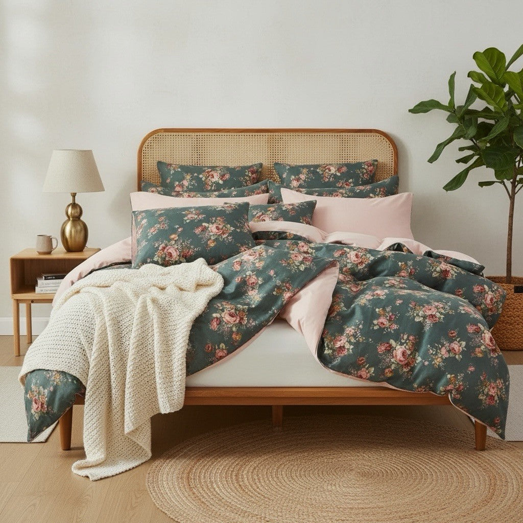 NEW Anthro Green & Pink Floral Muslin Cotton Boho Queen / King Bedding Duvet Set