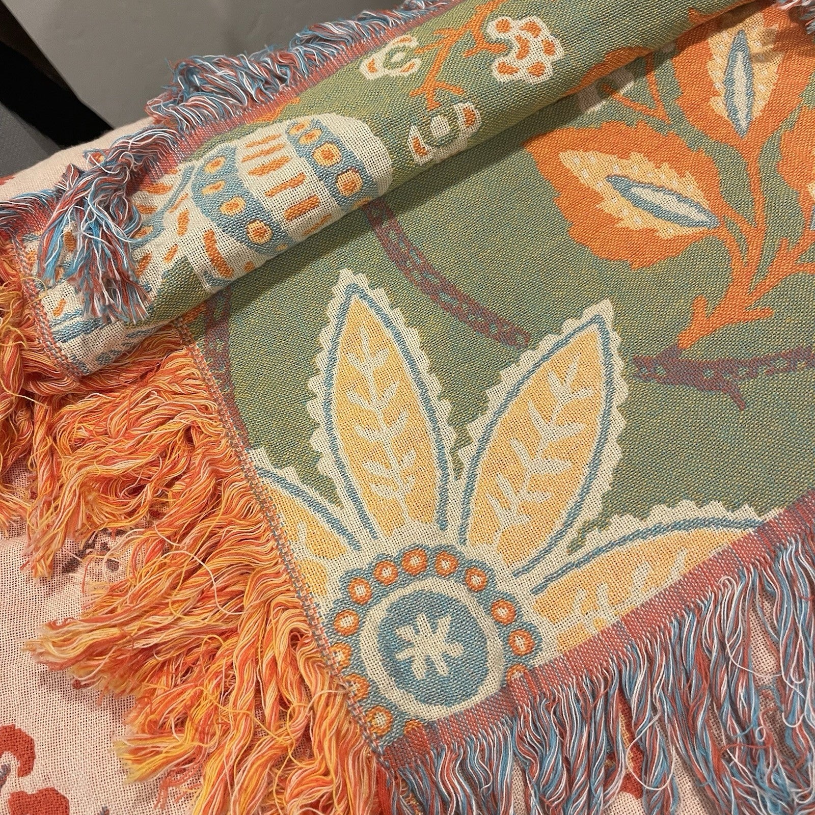 NEW XL Coral & Green Reversible Boho Fringe Blanket Bedspread Quilt - 80" x 90"