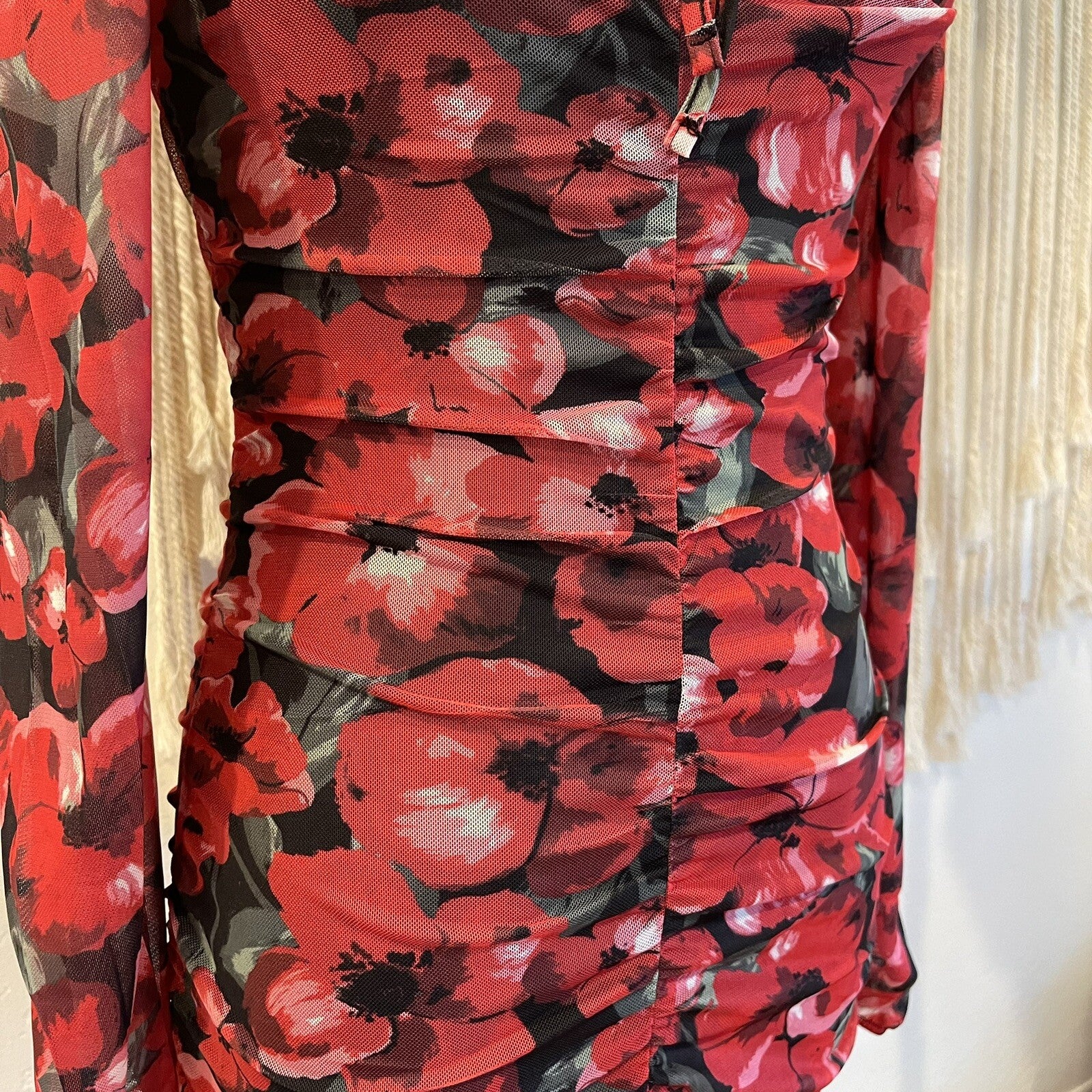 NEW Anthropologie Red Floral Mesh Mini Slip Sundress / Mini Dress - Small / XS