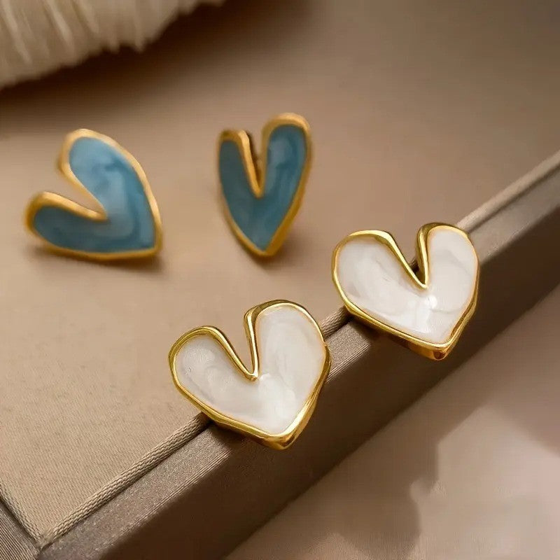 NEW Anthropologie White & Gold Plated Boho Heart Stud Abstract Earrings Jewelry
