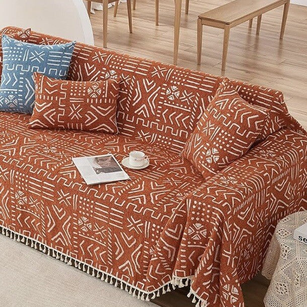 NEW Anthropologie XL Reversible Orange Abstract Tassel Couch Blanket 70" x 135"