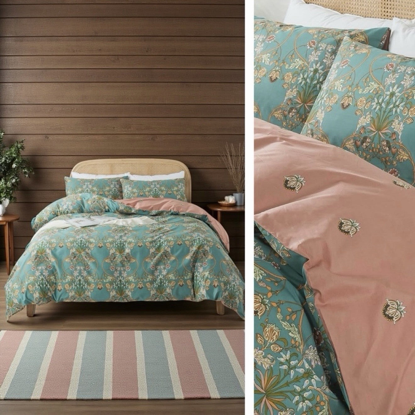 NEW Anthro Teal Reversible Cotton Floral Queen King Boho Duvet Bedding Sham Set