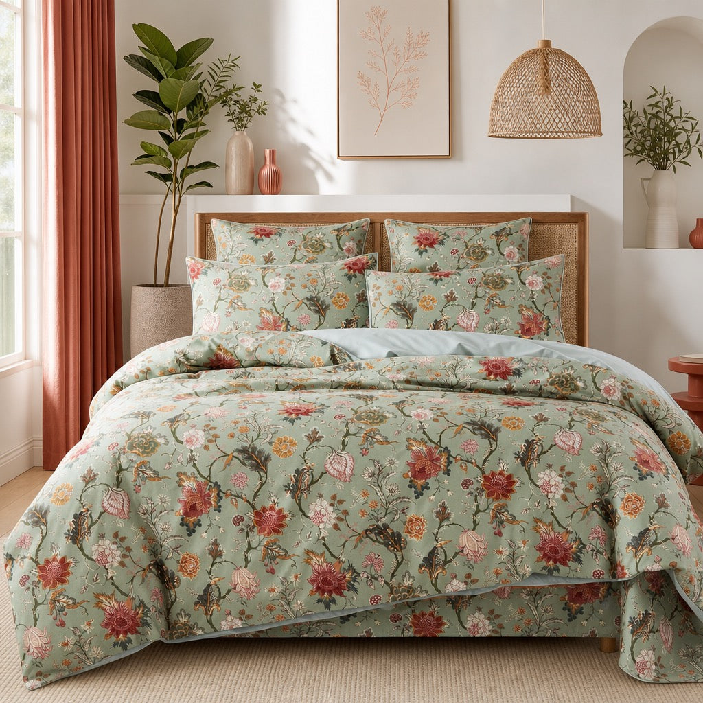NEW Anthropologie Tiffany Green Floral Retro Antique Comforter Bedding Sham Set