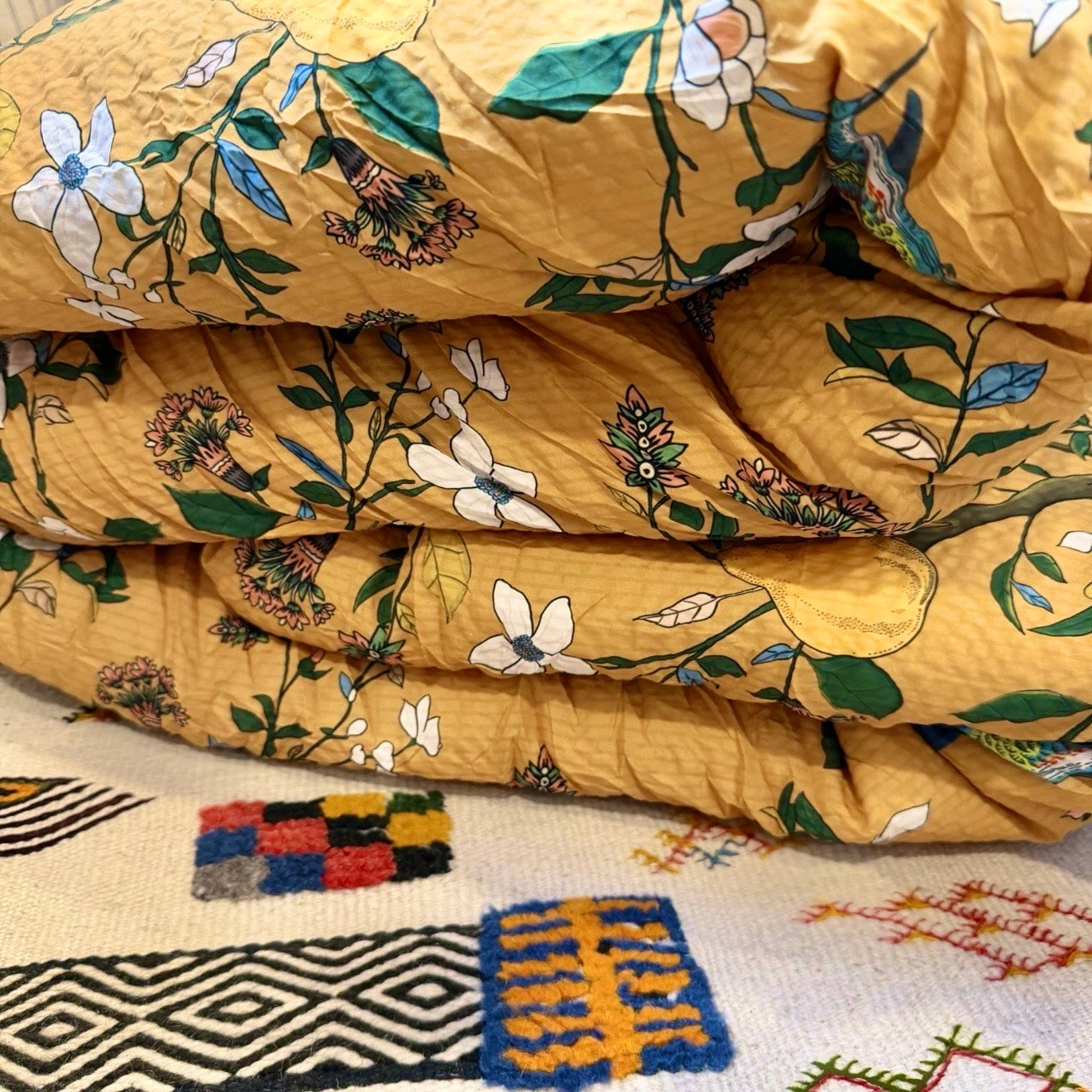NEW Anthro Yellow Seersucker Floral Queen King Boho Comforter Bedding Sham Set