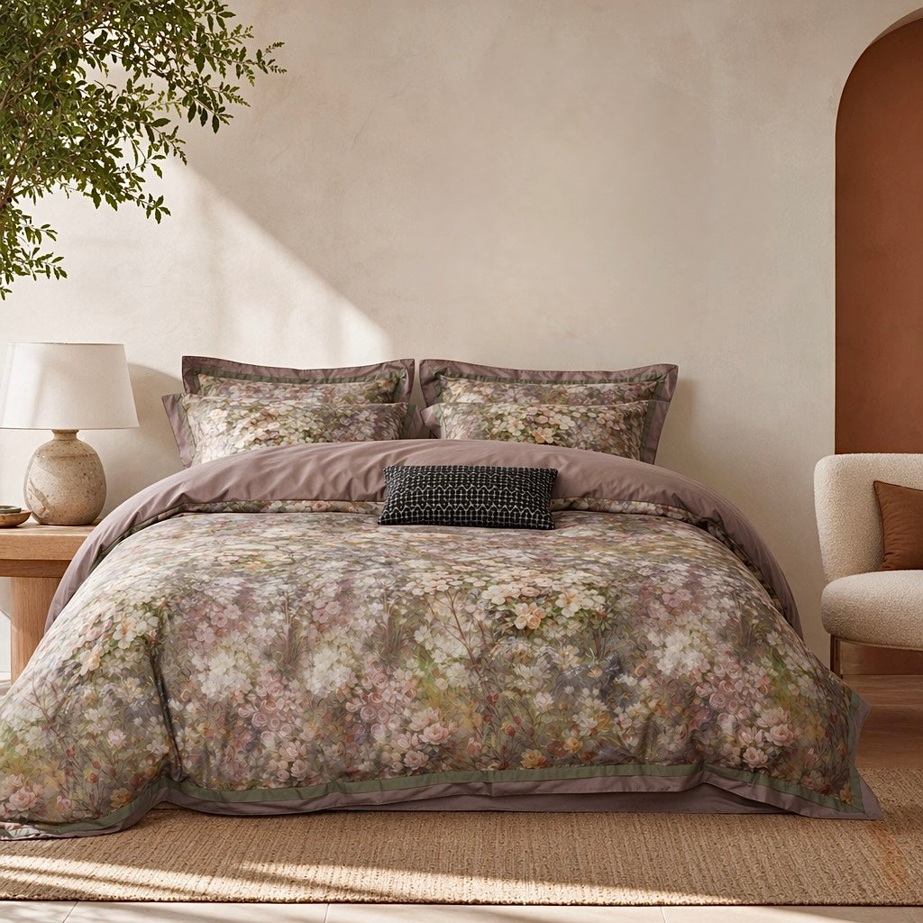 NEW Anthro Blush Pink Silk Floral Boho Cotton Queen Bedding Duvet & Sham Set