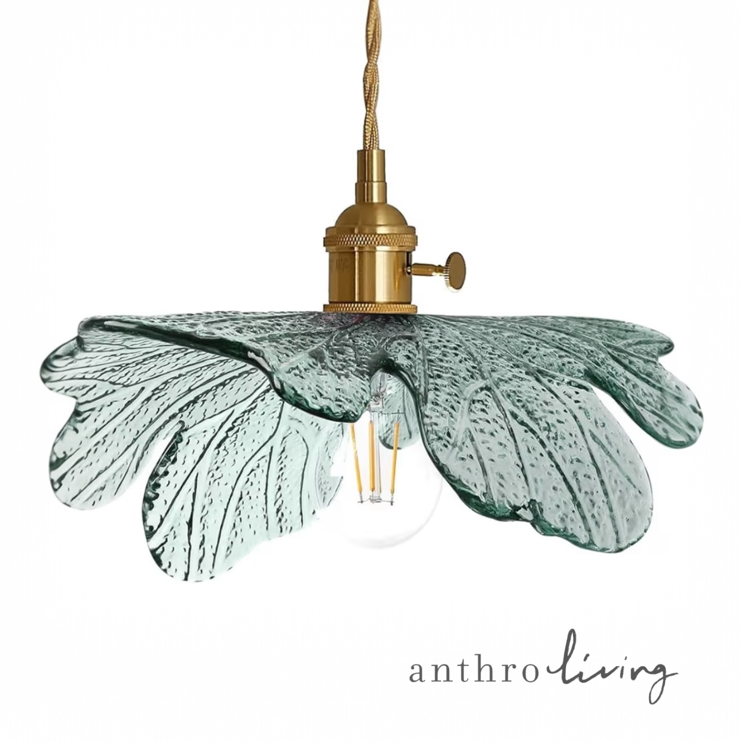 NEW Anthro Vintage Blue Glass Hanging Retro Gold Floral Pendant Light Fixture
