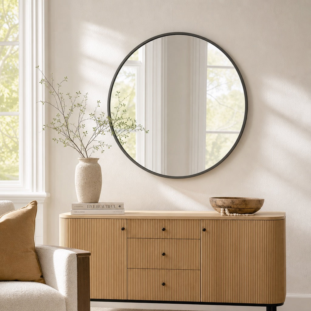 NEW West Elm Black Circle Round Matte Framed Boho Wall Entry Mirror - 24" x 24"