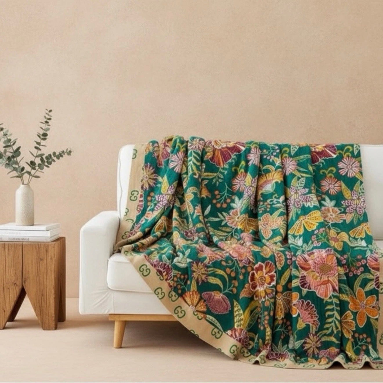 NEW Anthropologie Boho Teal Floral Reversible Queen Blanket Bedspread 80" x 90"