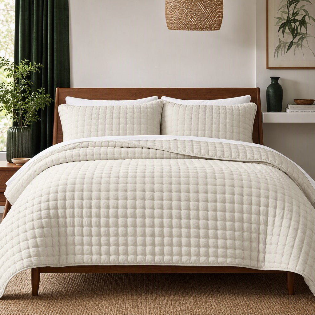 NEW West Elm Cream Beige Ultra Soft Quilted Comforter Coverlet Bedding Sham Set