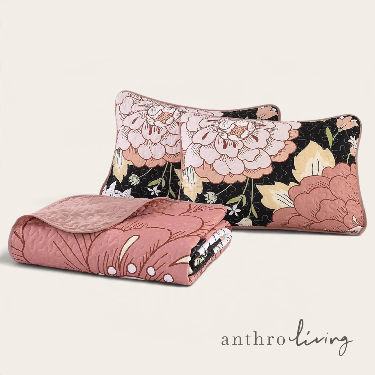 NEW Anthropologie Black & Pink Floral Boho Queen / King Bedding Quilt & Sham Set