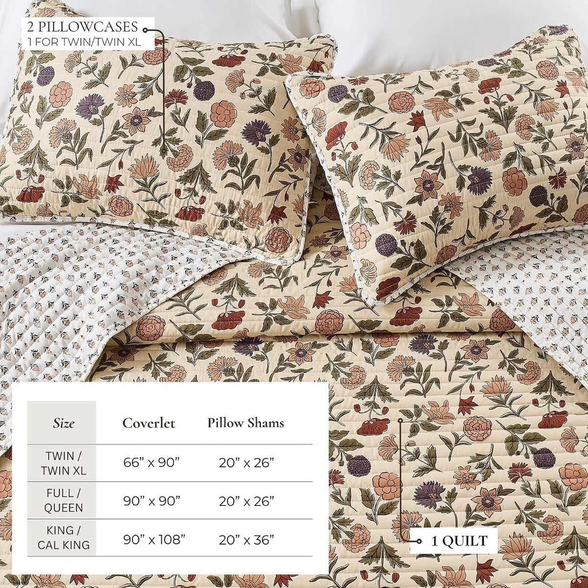 NEW Anthropologie Beige Boho Floral Reversible Quilt Bedspread Bedding Sham Set