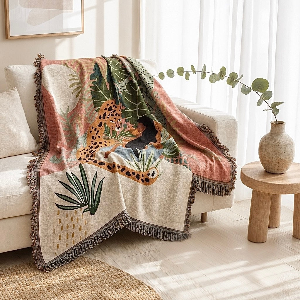 New Anthropologie Boho Jungle Tassel Throw Blanket Bedspread Quilt - 63" x 51"