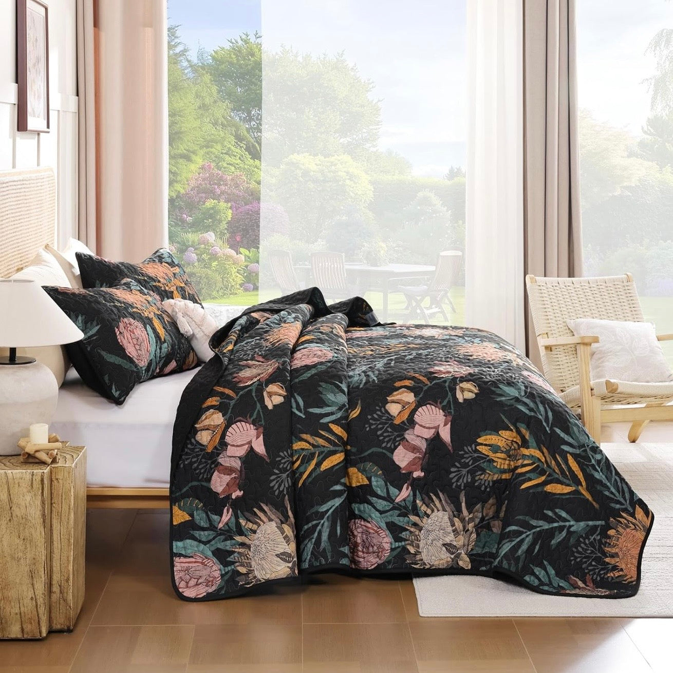 NEW Anthro Queen / King Black Reversible Boho Quilt Bedspread Bedding & Sham Set