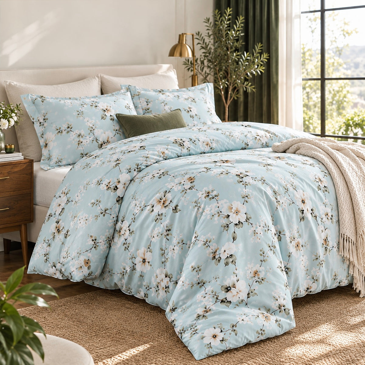 NEW West Elm Light Blue Floral Print Boho Queen / King Bedding Duvet & Sham Set