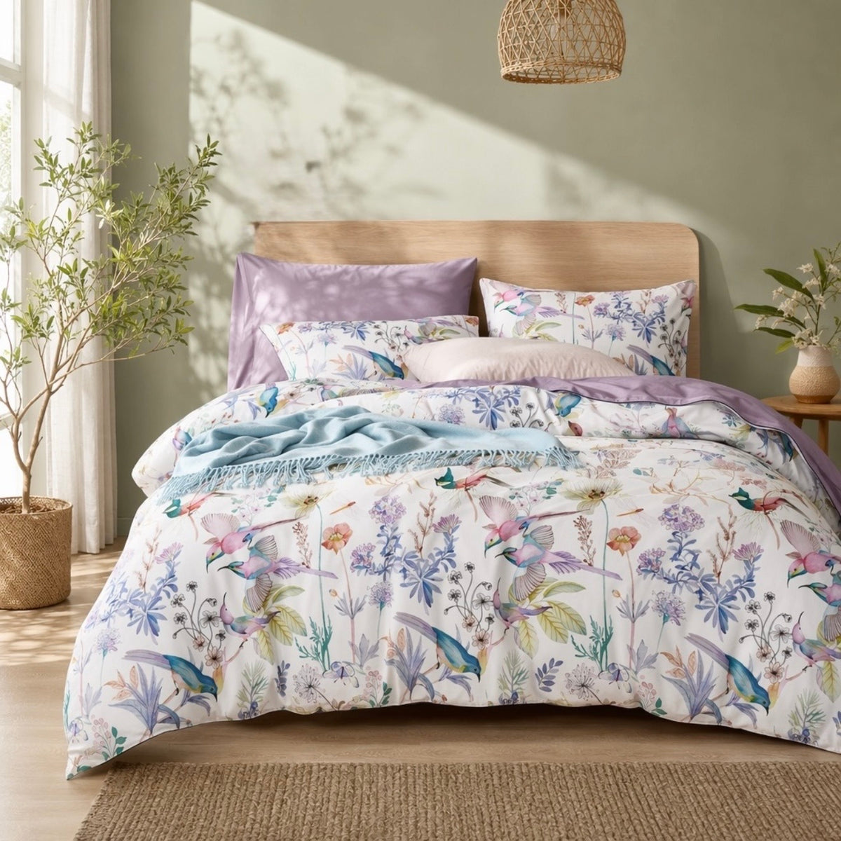 NEW Anthropologie Purple Floral Bird Cotton Queen / King Bedding Duvet Sham Set