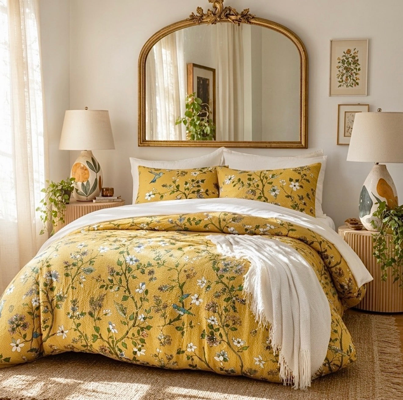 NEW Anthro Yellow Seersucker Floral Queen King Boho Comforter Bedding Sham Set