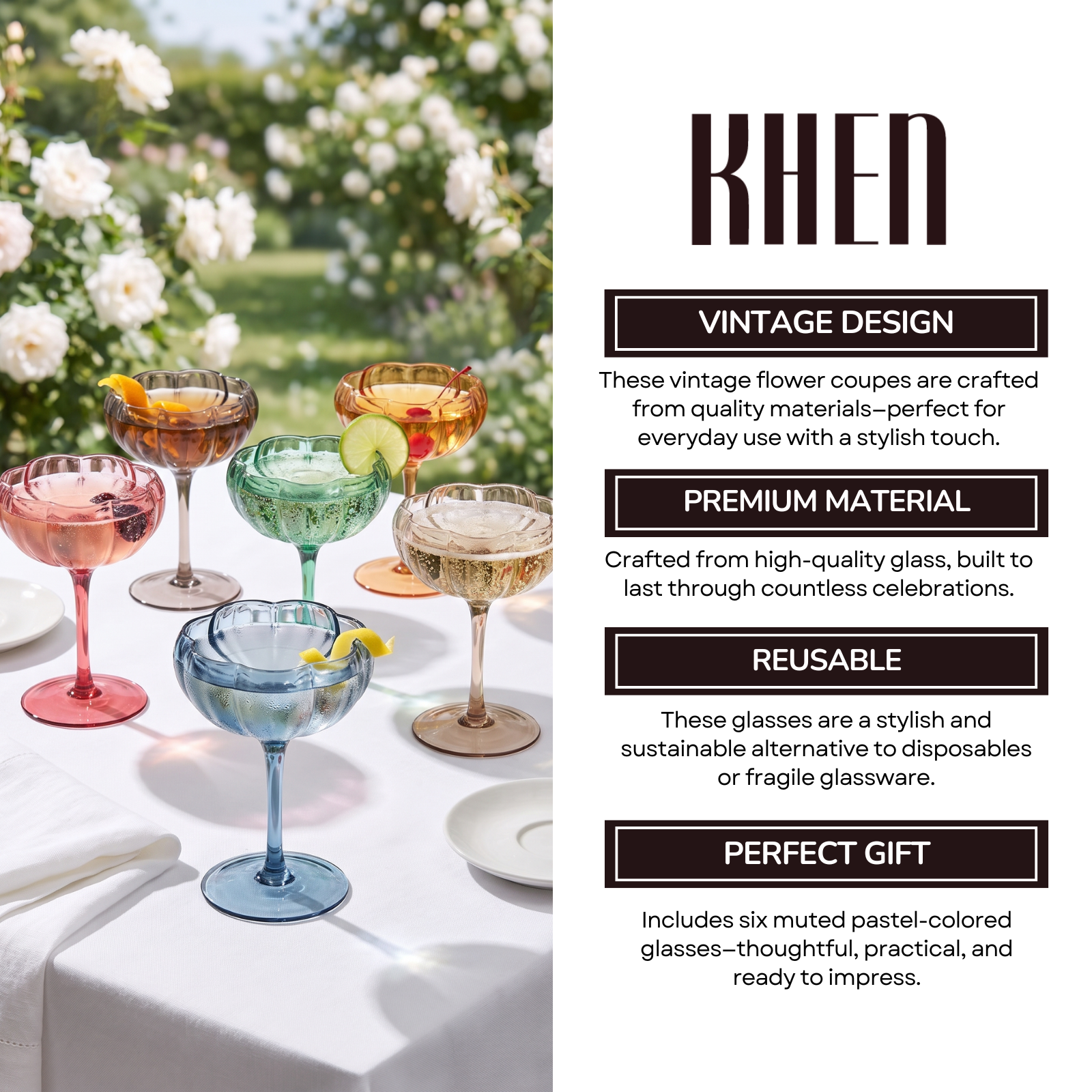 Flower Coupe Cocktail Colored Glasses | Set of 6 | Muted