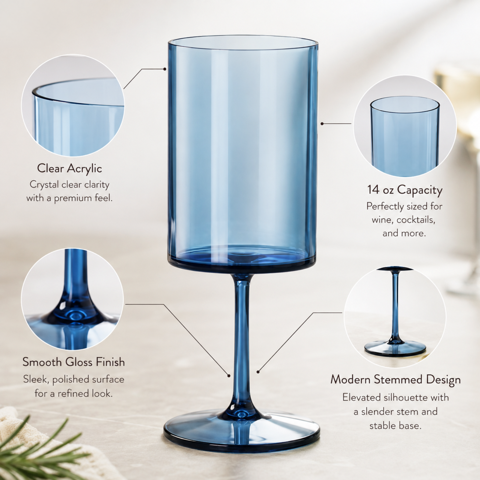 Tonal Acrylic Stemmed Square Wine Glassware, Set of 6
