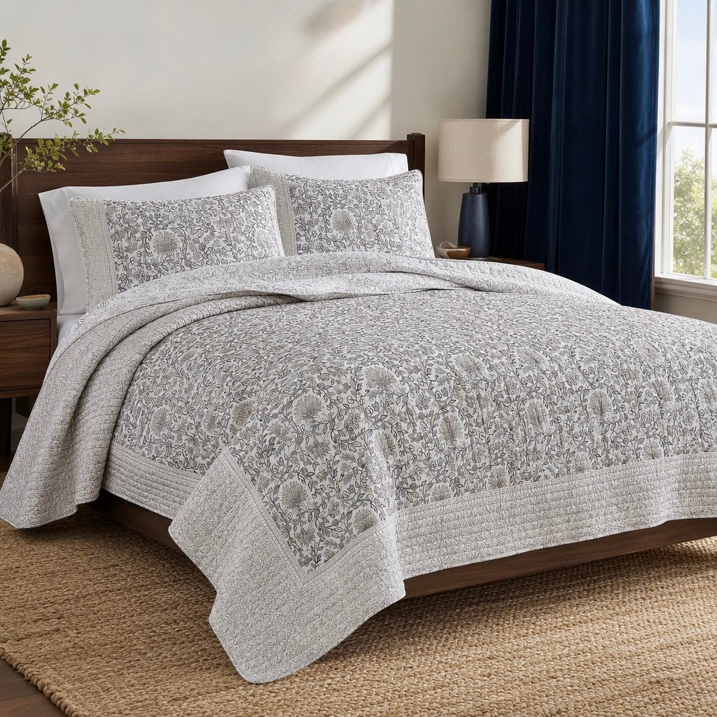 NEW West Elm Blue White Botanical Reversible Queen King Bedding Quilt & Sham Set