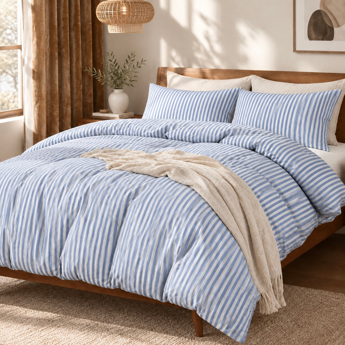 NEW West Elm White & Blue Striped Cotton Simple Modern Bedding Duvet & Sham Set