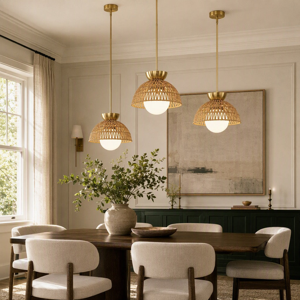 NEW West Elm Gold & Rattan Glass Globe Woven Hanging Boho Pendant Light Fixture