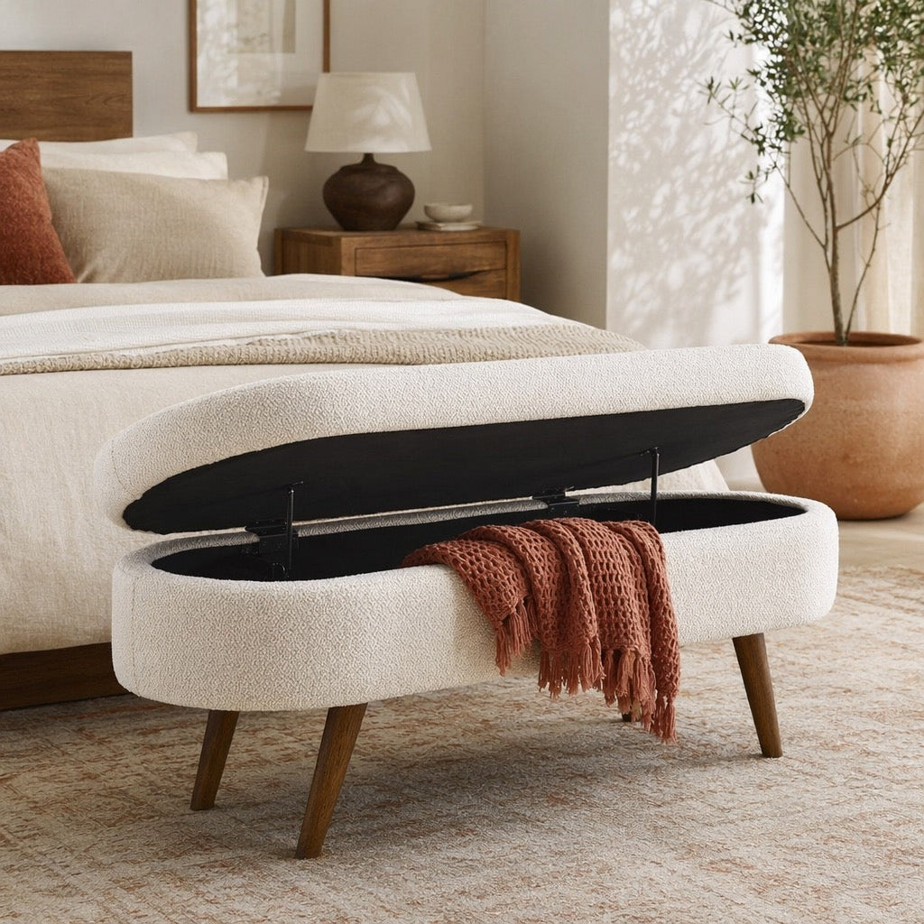 NEW West Elm White Boucle Fabric Storage Ottoman Mid-century Modern Furniture