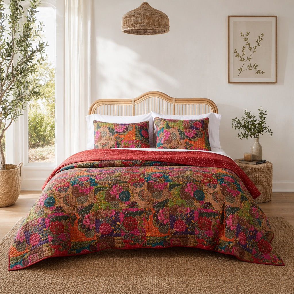 NEW Anthropologie Red Floral Boho King Quilt Stitch Bedspread Bedding Sham Set