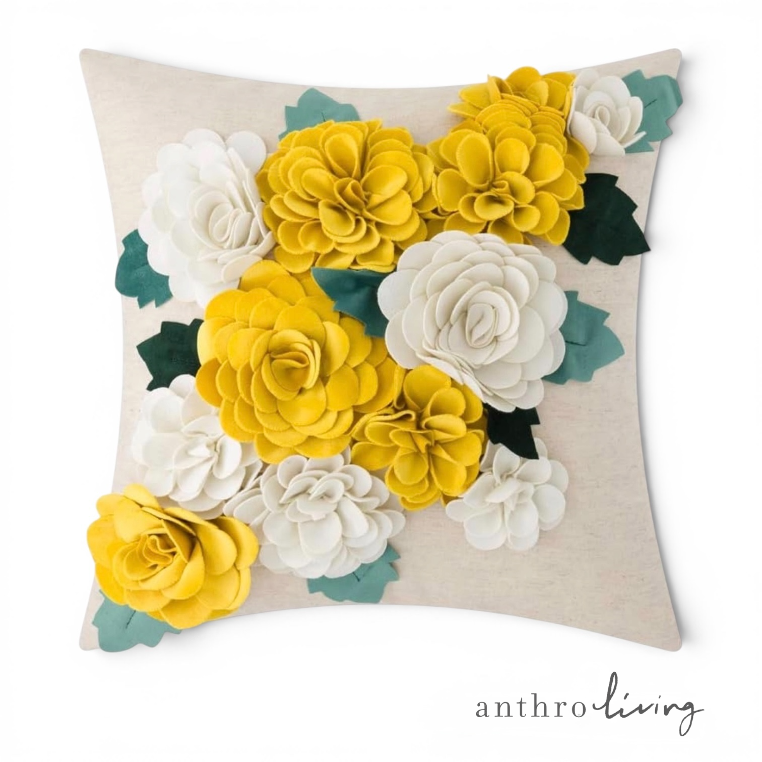 New $148 Anthropologie Boho 3D Floral Felt Throw Pillow Cover Case Sham 18"x18"