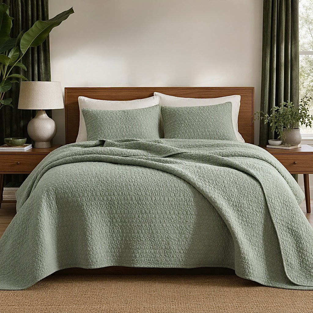 NEW West Elm Green Stone Print Ultra Soft Queen King Bedding Bedspread Sham Set