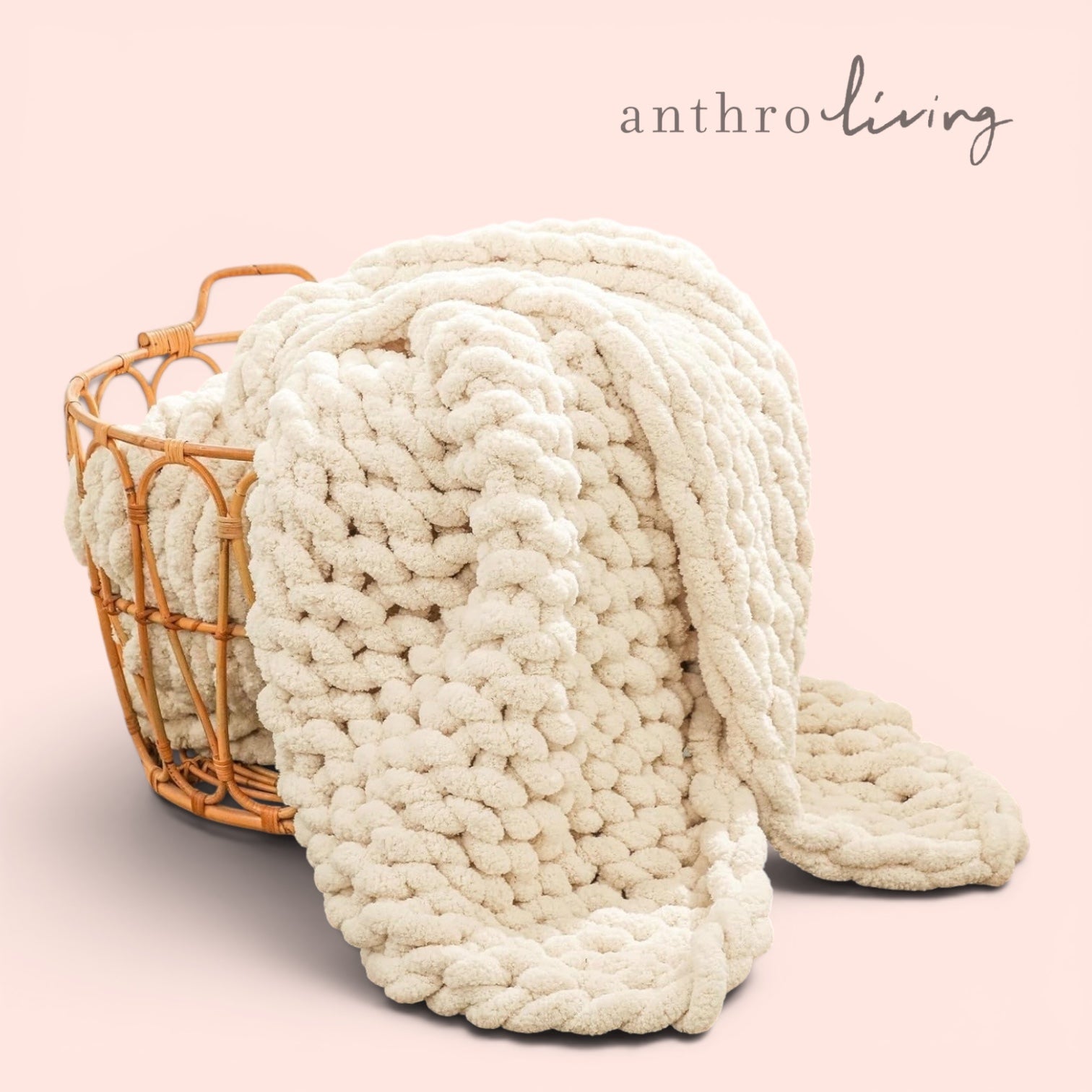 NEW Anthro Boho Chunky White Chenille Cable Knit Crochet Throw Blanket 60" x 40"